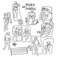 A set of people sunbathing on the beach in the style of sketches. A linear outline in the form of a sketch on a white background. A small sketch for the background. beach vibe, the atmosphere, relax vector