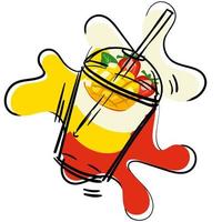 A glass with a puff milk smoothie made of mango, strawberry and mint with a straw on a white background. A cup with a background of spots in the color of fruit. Illustration for printing on the menu vector