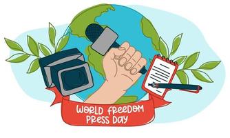 Banner for the World Press Freedom Day - May 3. Contour drawing with spots of a hand with a microphone, a video camera, a pen and a notebook, a branch. Color illustration. A simple banner to print vector