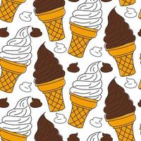 A pattern with chocolate and vanilla ice cream in a cone. Seamless background. Ice cream in a doodle-style cone with colored spots on the background. Background for printing on textiles and paper vector