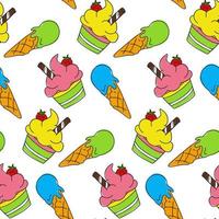 A pattern with bright ice cream in a cone and a paper cup. Seamless background. Ice cream in a doodle-style cone with colored spots on the background. Background for printing on textiles and paper vector