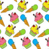 A pattern with bright ice cream in a cone and a paper cup. Seamless background. Ice cream in a doodle-style cone with colored spots on the background. Background for printing on textiles and paper vector