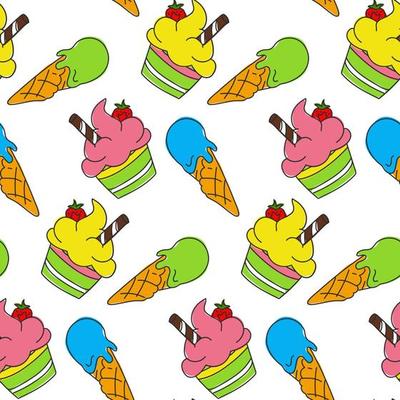 A pattern with bright ice cream in a cone and a paper cup. Seamless background. Ice cream in a doodle-style cone with colored spots on the background. Background for printing on textiles and paper