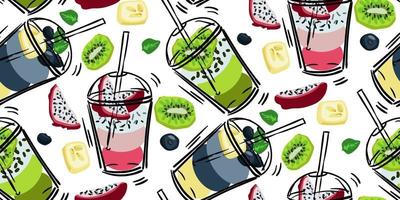 Seamless pattern with puff smoothies. A hand-drawn glass with drinks and fruits. Cute bright vector illustration. Colorful background with fruit juice stains in layers. A mix of drinks. Printing