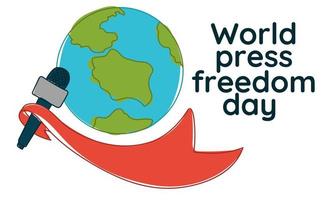 Banner for the World Press Freedom Day - May 3. Contour drawing with microphone spots with a developing ribbon on the ground background. Color illustration. A simple banner to print vector