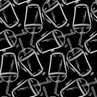 Seamless white pattern of cup contours with a straw for drinks on a black background. A hand-drawn empty glass. Monochrome graphics. Background for printing on textiles and paper vector