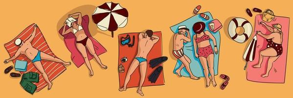 un conjunto de personas y empresas broncearse en el playa en el estilo de bocetos con color. color ilustraciones con un oscuro describir. un pequeño bosquejo para el antecedentes. playa onda, relajarse vector