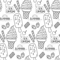 Perfect funny vector background. Seamless ice cream pattern on a white background. Background illustration with ice cream doodles. Assorted ice cream for printing, adding, greeting cards and textiles