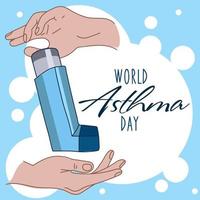 The concept of informing about the World Asthma Day with the help of an aerosol inhaler. An aerosol in your hands for help. Day of Solidarity with Diseases. Vector illustration. Banner print