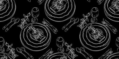 A pattern with a hand-drawn sketch of a dinner service for a wedding ceremony. Preparation for the wedding ceremony. Plates, champagne glasses, knife, spoon, fork, napkin, wine glass. Print background vector