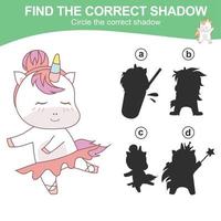 Find the correct shadow. Matching unicorn shadow game for children. Worksheet for kid. Educational printable worksheet. Vector illustration.