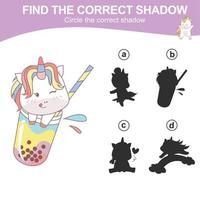 Find the correct shadow. Matching unicorn shadow game for children. Worksheet for kid. Educational printable worksheet. Vector illustration.