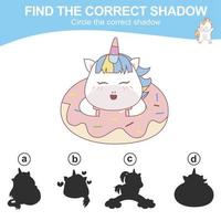 Find the correct shadow. Matching unicorn shadow game for children. Worksheet for kid. Educational printable worksheet. Vector illustration.