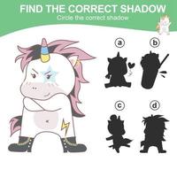 Find the correct shadow. Matching unicorn shadow game for children. Worksheet for kid. Educational printable worksheet. Vector illustration.