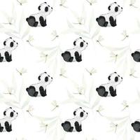 Cute sitting panda, dragonflys, bamboo leaves. Watercolor seamless pattern on a white background. Children's tropical drawing of a cute panda. For textiles, packaging, wallpaper, postcards. vector