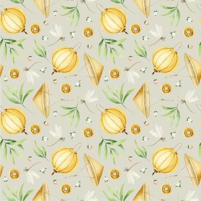 Yellow Chinese paper lanterns, dragonflys, traditional chinese hat, bamboo leaves, chinese ancient coins. Seamless pattern. Chinese New Year. Asian background with holiday symbols.