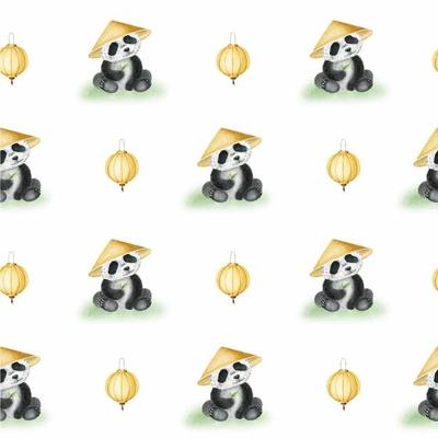Cute panda in a traditional Chinese hat, Yellow Chinese paper lanterns. Watercolor seamless pattern. Chinese New Year. Asian background with holiday symbols.