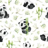 Cute panda, bamboo, dragonflies, bamboo leaves. Watercolor seamless pattern on a white background. Children's tropical drawing of a cute panda. For textiles, packaging, wallpaper, postcards. vector
