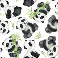 Cute pandas and bamboo on a white background. Watercolor seamless pattern. Children's tropical drawing of a cute panda. For textiles, wrapping paper, greeting cards vector