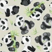 Cute pandas and bamboo on a gray background. Watercolor seamless pattern. Children's tropical drawing of a cute panda. For textiles, wrapping paper, greeting cards vector