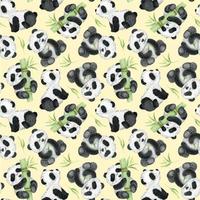 Cute pandas and bamboo on a yellow background. Watercolor seamless pattern. Children's tropical drawing of a cute panda. For textiles, wrapping paper, greeting cards vector