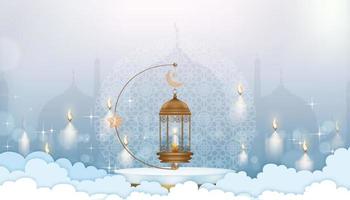 islámico 3d podio con tradicional islámico linterna y creciente estrella Lunar colgando en azul cielo fondo, vector fondo religión de musulmán simbólico, eid Alabama fitr, ramadán kareem, eid Alabama adha, eid Mubarak