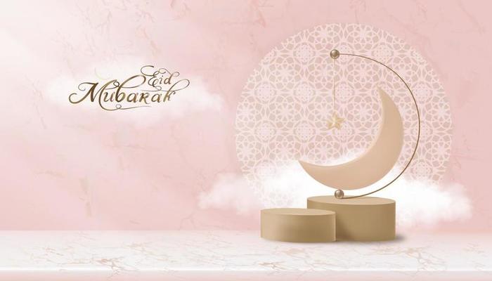 Islamic 3D Podium with fluffy cloud, pink gold Crescent moon and Star hanging on Marble wall background,Horizontal Banner for Product presentation Ramadan Kareem,Eid al Adha,Eid Mubarak,Eid al Fitr