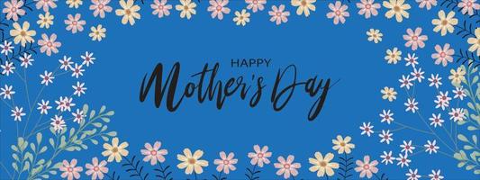 Mother's day banner with Spring flowers border on blue background, Vector illustration horizontal backdrop of cute blooming flora frame,Vintage Design Botanical of 1970s,Colorful 60s -70s style retro