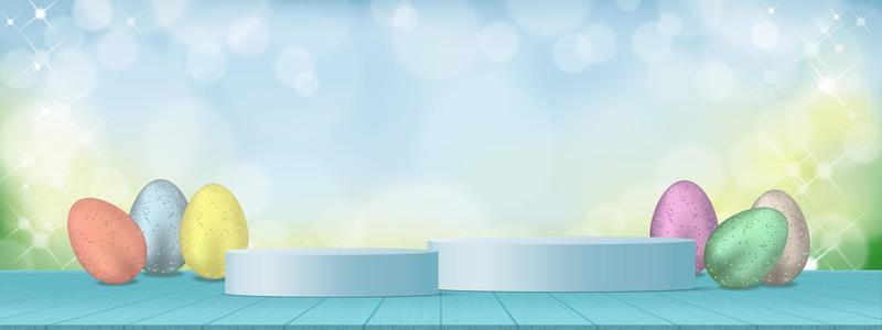 Happy Easter Background Banner Studio Table Room Product Display with Copy Space.Traditional Easter Eggs with 3d Podium on Blue Wood Texture with Nature Bokeh Light,Concept for Promotion on Easter Day