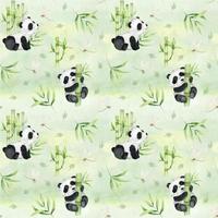 Cute panda, bamboo, dragonflies, bamboo leaves. Watercolor seamless pattern on a watercolor green background. Children's tropical drawing of a cute panda. For textiles, packaging, wallpaper,postcards. vector