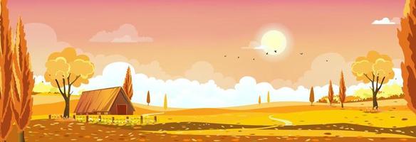 Autumn landscape Background,Countryside with Sunset Sky,Beautiful Mid Autumn farm field, mountain,grass land in orange foliage falling from trees in yellow Sky.Horizon Banner landscape in fall season vector