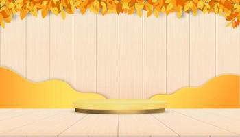 Autumn Display Podium Decoration Background with Autumn Leaves on Wood Wall,Vector Empty minimal Studio room for product template design for Autumn,Fall Season,Backdrop Banner for Product presentation vector