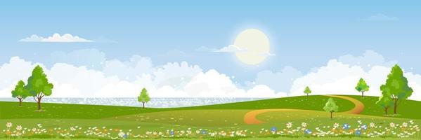 Spring green fields landscape by the lake,blue sky and clouds background,Panorama peaceful rural nature in springtime with green grass land. Cartoon vector illustration for spring and summer banner