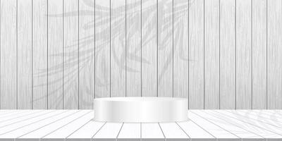 White Wood texture background,3d Podium on Wooden panel studio room,Empty Display Room Grey washed wooden striped with Table top with palm leaves shadow, Backdrop background for Holiday Promotion,Sale vector