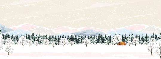 invierno bosque paisaje con madera granero, abeto arboles y pinos en Nevado día.vector dibujos animados horizonte conífero bosque con nieve que cae a noche,telón de fondo antecedentes bandera para navidad, nuevo año decoración vector