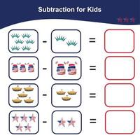 Counting activity for children. Matching the image with the answer. Mathematic subtraction worksheet for kids. Vector file.