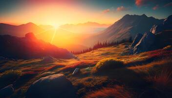 Aerial View of a Mountain Road Meandering Through a Forest of Pine Trees, with Golden Sunlight Casting its Spell on the Rolling Hills and Green Meadows. photo