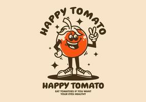 Mascot character of a standing tomato with hands forming a peace symbol vector