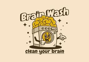 Washing machine with big brain mascot character design in vintage color vector