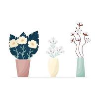 Set of flowers in boho style vases. Composition of flowers vector illustration. Bouquets of tricots, cotton, various decorative leaves and twigs