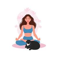 A young woman in the lotus position meditating with a cat, vector illustration. Yoga meditation, mental health