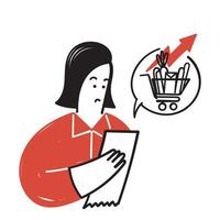 hand drawn doodle woman buying food in supermarket and worries about groceries rising price vector