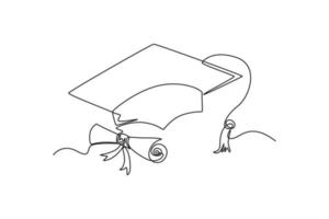 Continuous one-line drawing graduation cap and certificate. Class of 2023 concept single line draws design graphic vector illustration