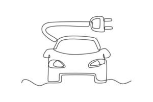 continuo una línea dibujo de eléctrico coche y cargador en él. eléctrico coche concepto soltero línea sorteos diseño gráfico vector ilustración