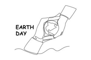 Single one-line drawing of two hands clasping the earth. Earth day concept. continuous line draw design graphic vector illustration