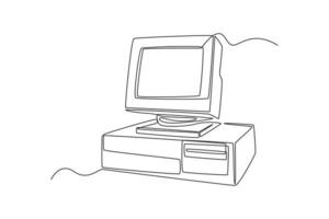 Continuous one-line drawing classic 70s computer. 70s style concept single line draws design graphic vector illustration