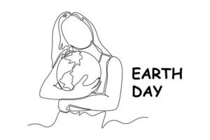 Single one-line drawing of a woman embracing the earth. Earth day concept. continuous line draw design graphic vector illustration