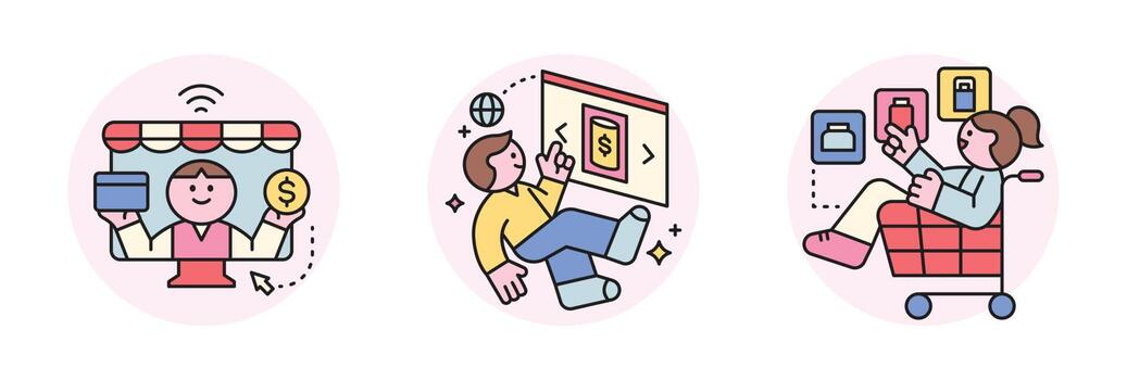 Online internet live commerce. People shopping on mobile and computer. Web shop and web page and ride in shopping cart. vector