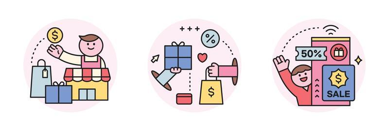 people are shopping. Online e-commerce. Coupons and deliveries and stores.