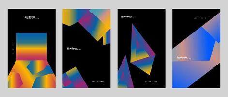 Abstract black poster collection with colorful gradient geometric shapes. Cover set in minimal style. Neon glow backgrounds. Ideal for banner, music party invitation, club flyer. Vector illustration